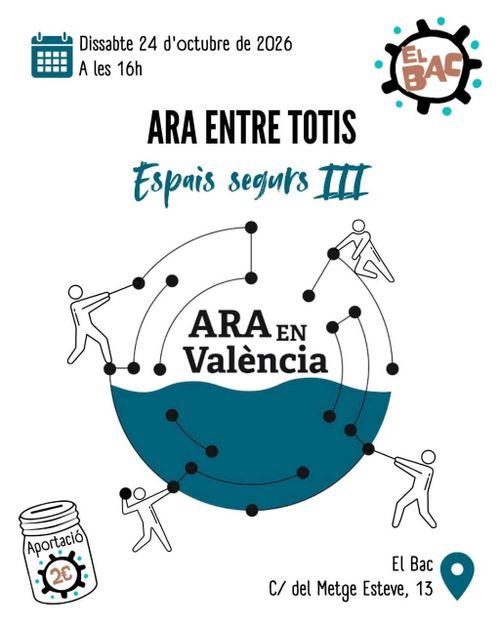 ARA ENtre Totis
Espais segurs 3

Dissabte 24 d'octubre de 2026 a les 16h
El Bac, Carrer del Metge Esteve, 13.
Aportació: 2€