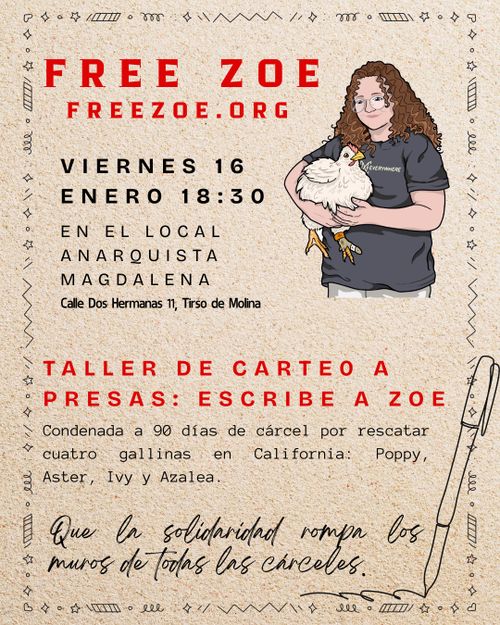Taller de carteo a presas: escribe a Zoe.

Aparece un dibujo de Zoe abrazando a una gallina. 

Luego en texto la información del evento.