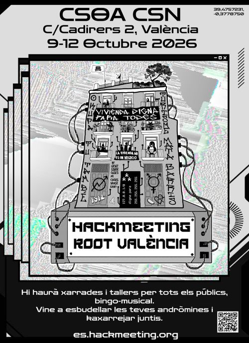 Cartell de l'esdeveniment de la trabada anual hackmeeting. És un disseny en blanc i negre on hi ha la façana del centre social BSOA La Caixeta que van desnonar l'any passat. L'edifici està ple de vida, una pancarta que diu "vivienda digna para todes", i moltes pintades en defensa del territori veïnal. També hi el pingüí Tux (de linux), i gatets en una barana. L'edifici està connectat a un ordinador per cables on pasen ús i zeros. Al terrat hi han plantes, una antena i una bandera pirata amb un cassete enllox d'una calavera.